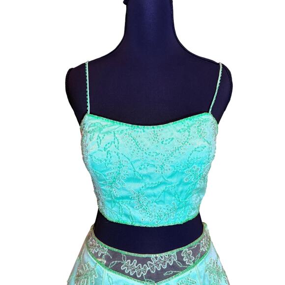 Precious Formals Mint Green Beaded 2 Piece Dress Lace Up Back Size 4 Y2K whimsi - Picture 6 of 16